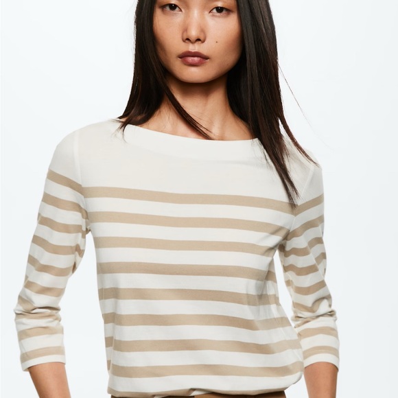 Mango Beige and White Striped Long Sleeve Top - Picture 1 of 4